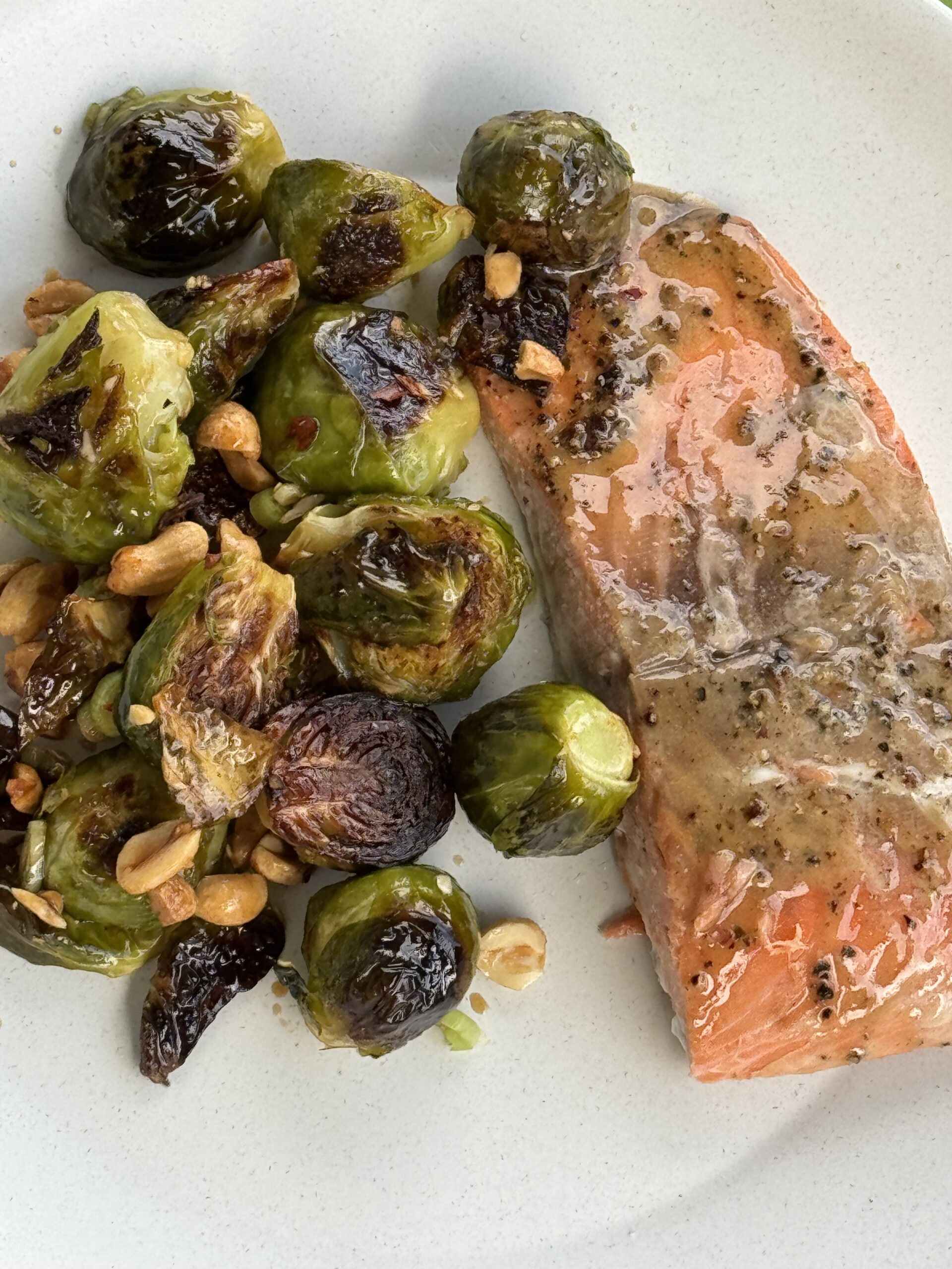 Cedar Planked Salmon with Crispy Sweet & Spicy Brussels