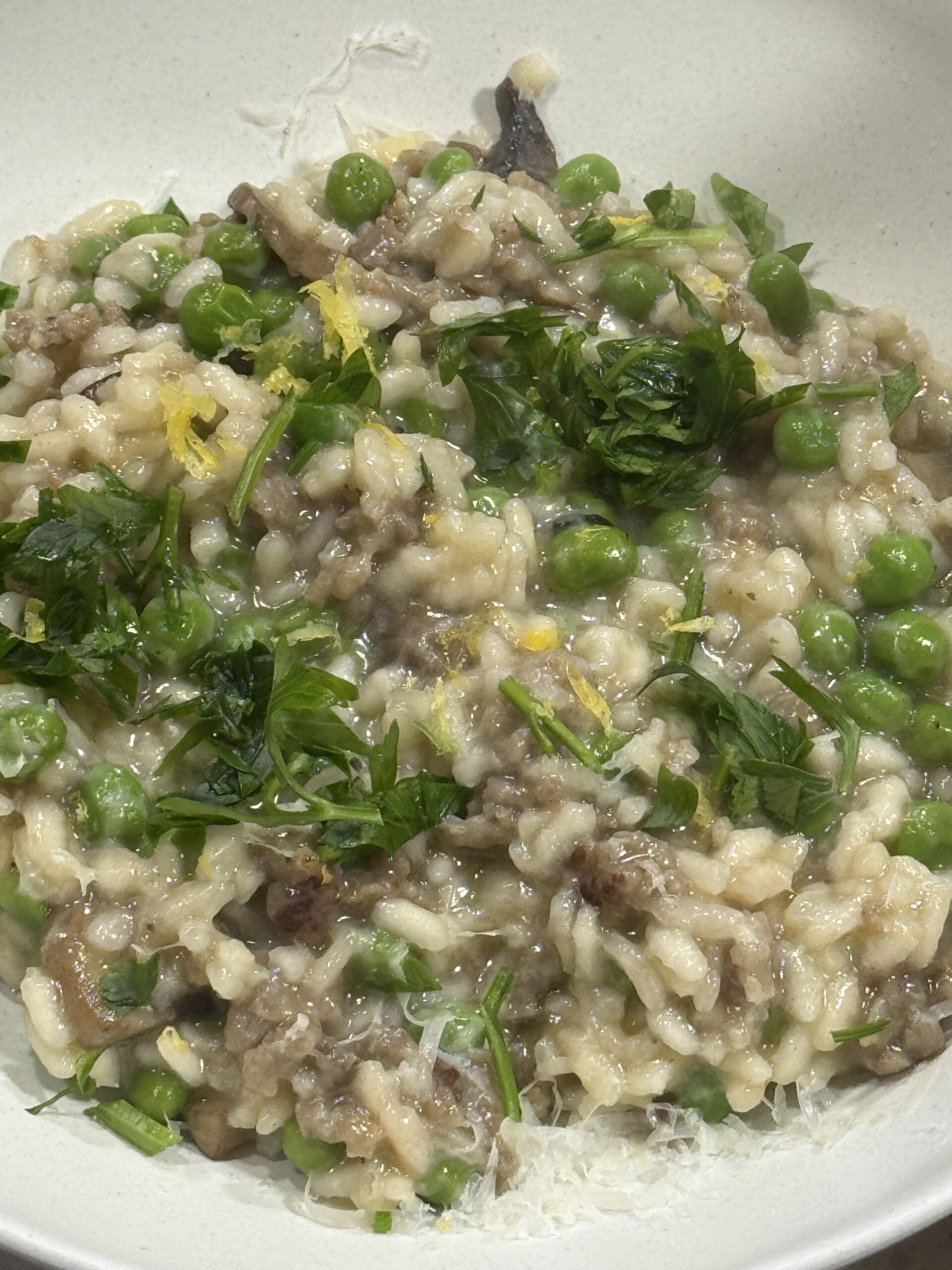 Sausage, Mushroom, and Pea Risotto