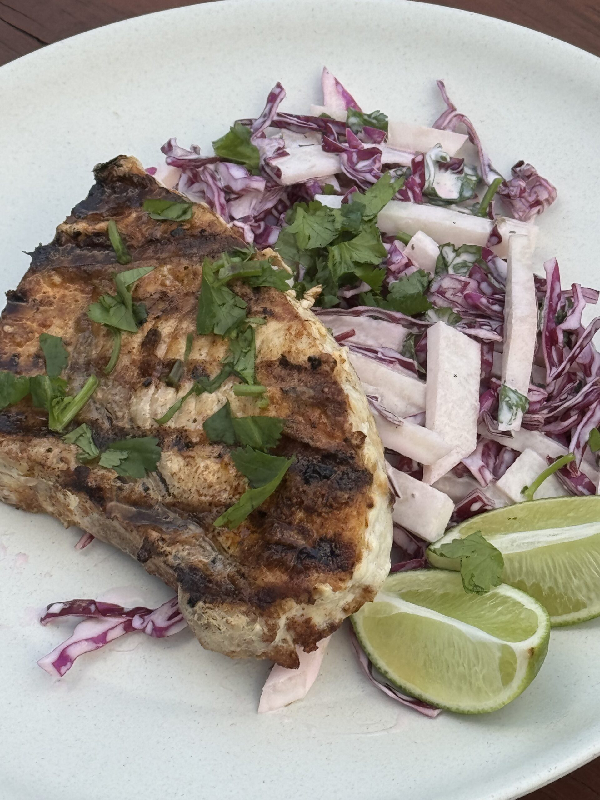 Simple Grilled Swordfish with Red Cabbage and Jicama Slaw